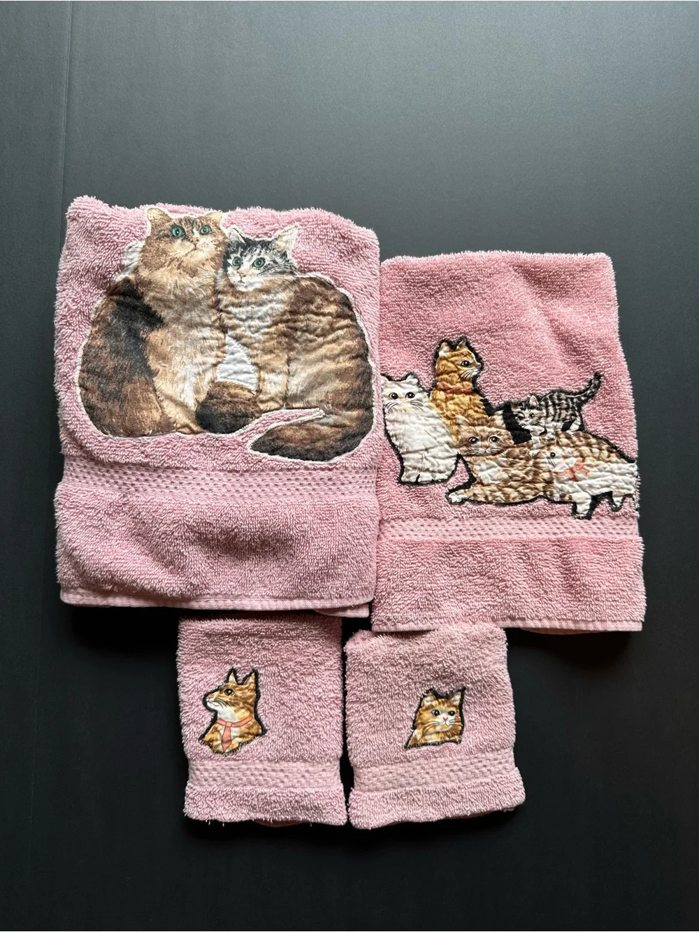 Vtg St Mary’s Raspberry Cream Feline Cat Bath Towel Hand Towel 2 Wash Cloths USA